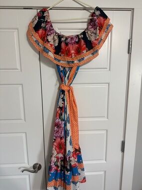 Floral Off-Shoulder Maxi Dress Scarf - Orange & Blue